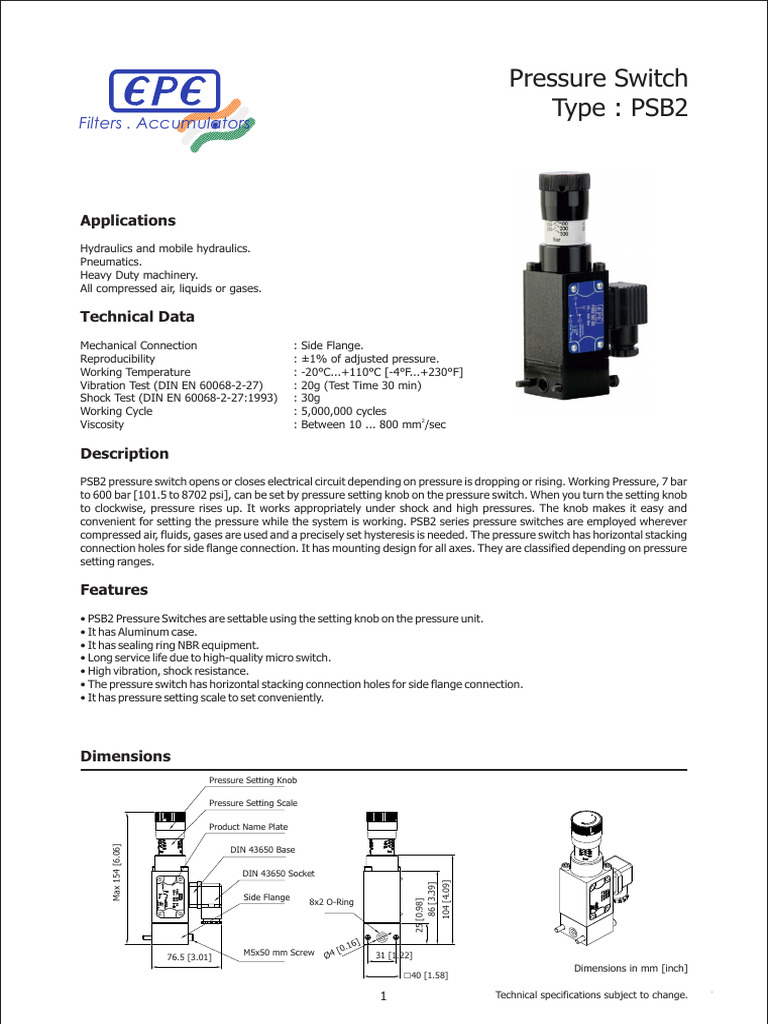 PSB2 Pressure Switch Specifications | PDF | Pressure | Mechanical ...