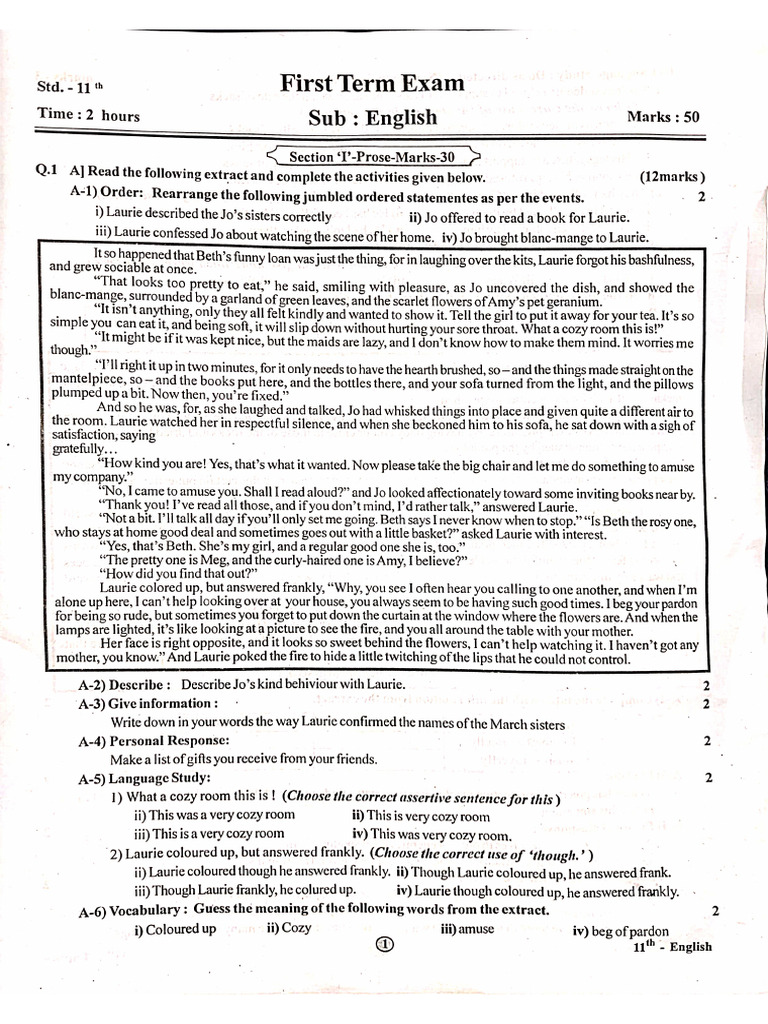 English Class 11th First Term | PDF