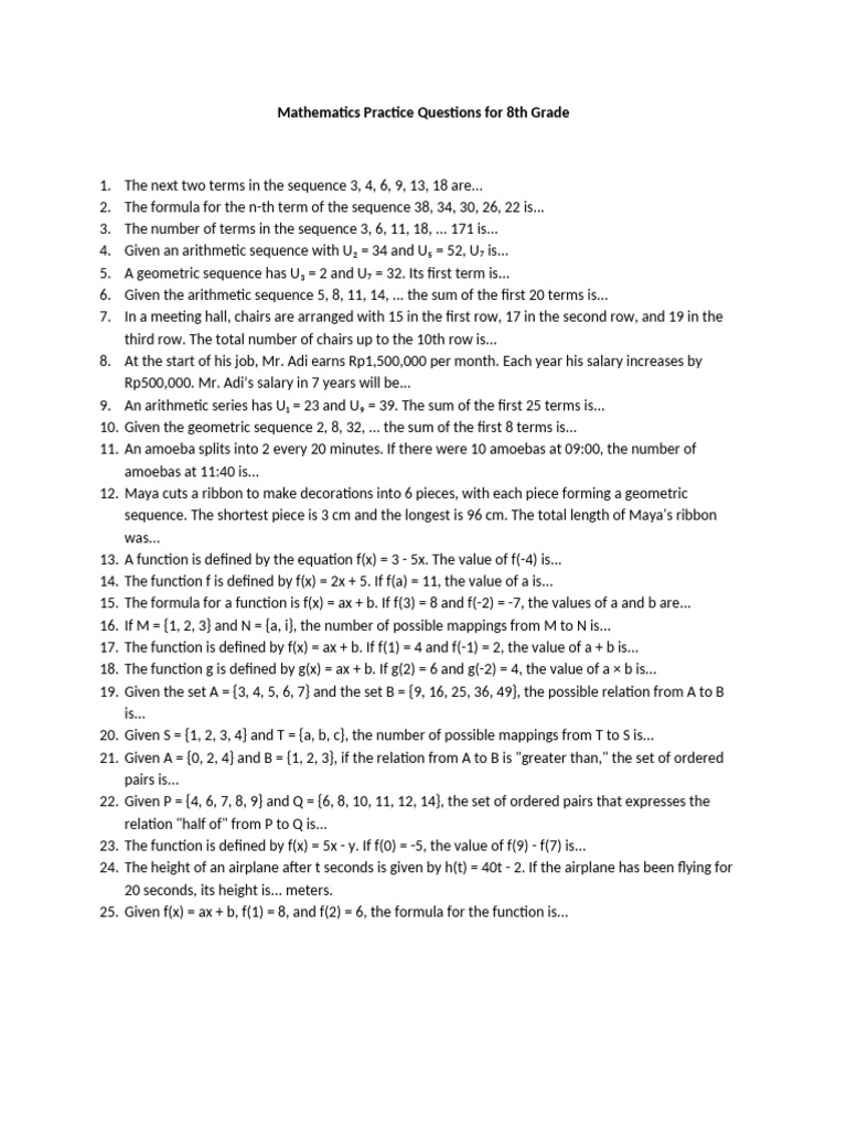 8th Grade Math Practice Questions | PDF | Function (Mathematics) | Sequence