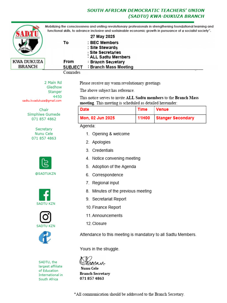 SADTU Kwa-Dukuza Branch Meeting Notice | PDF | Chess Theory | Chess