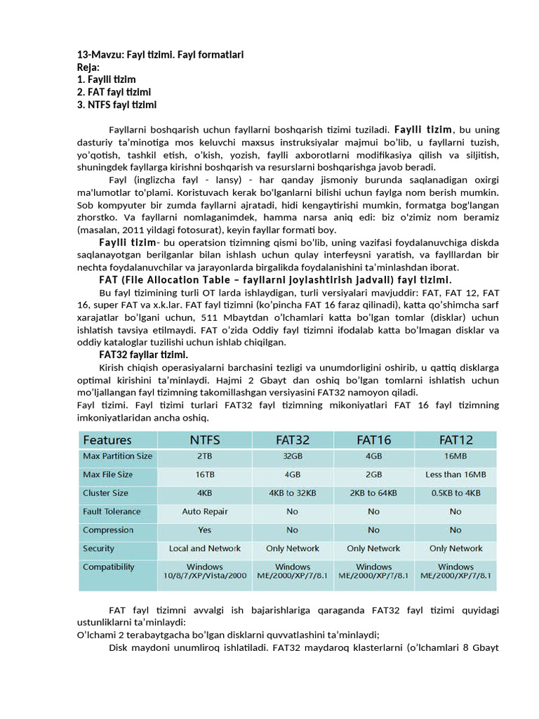 13-Mavzu - Fayl Tizimi. Fayl Formatlari Reja - Faylli Tizim Fat Fa | PDF