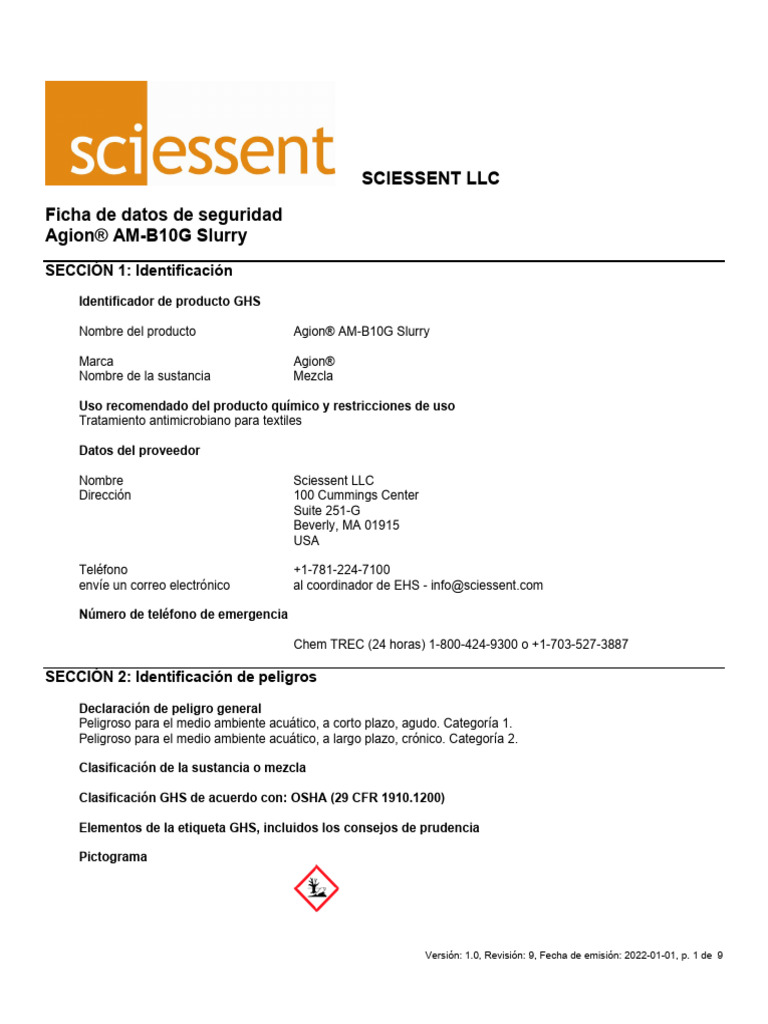 Sciessent Agion® AM-B10G Slurry SDS (Spanish) Effective Date January ...