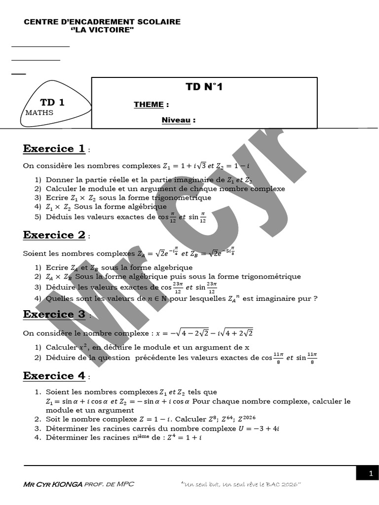 TD Maths : Nombres Complexes Terminale C/D | PDF | Nombre complexe ...