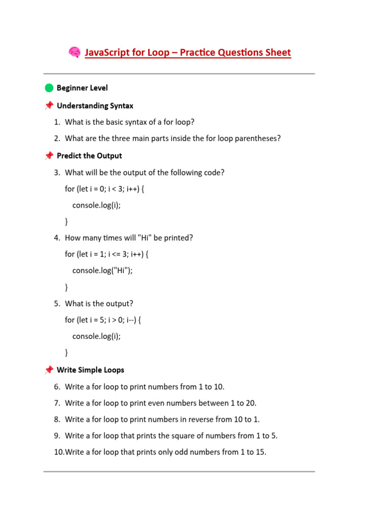 JavaScript For Loop Practice Questions | PDF | String (Computer Science ...