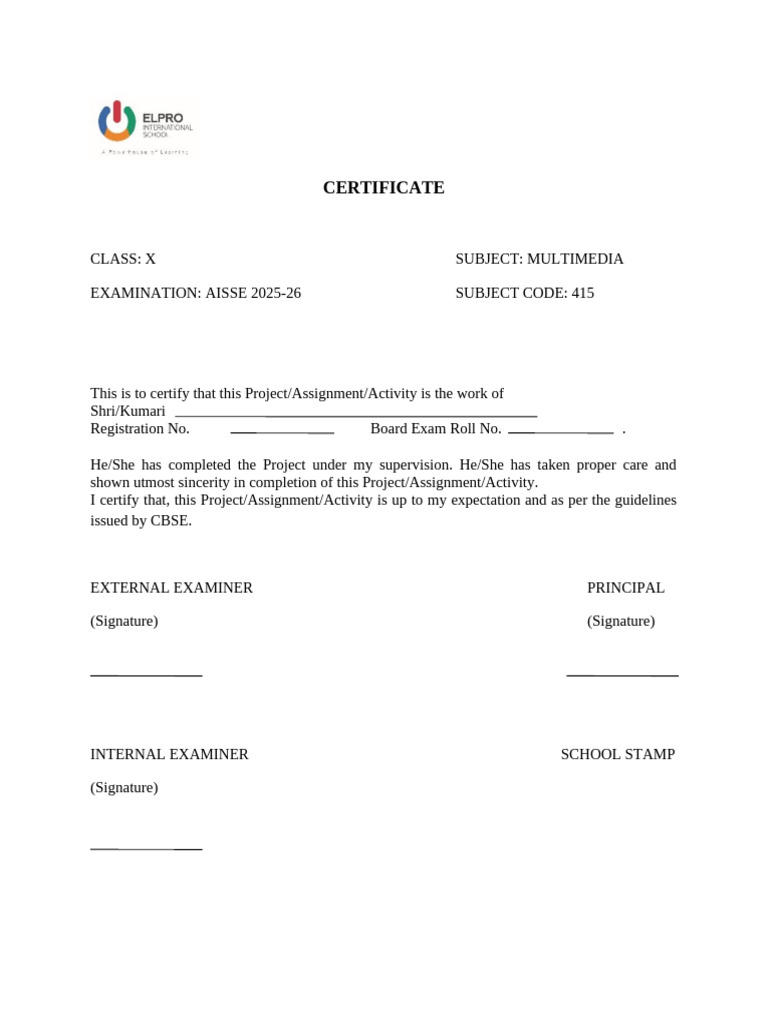 CBSE Class X Multimedia Project Certificate | PDF