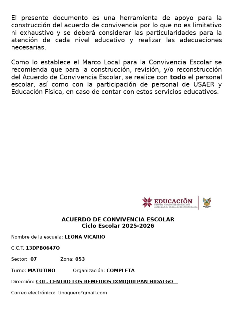 Acuerdo de Convivencia Escolar 2025-2026 | PDF | Escuelas | Cuidado de ...
