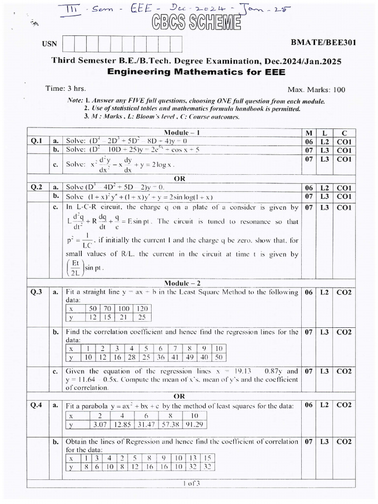 BMATE301 (DECEMBER) Engineering Mathematics For EEE | PDF