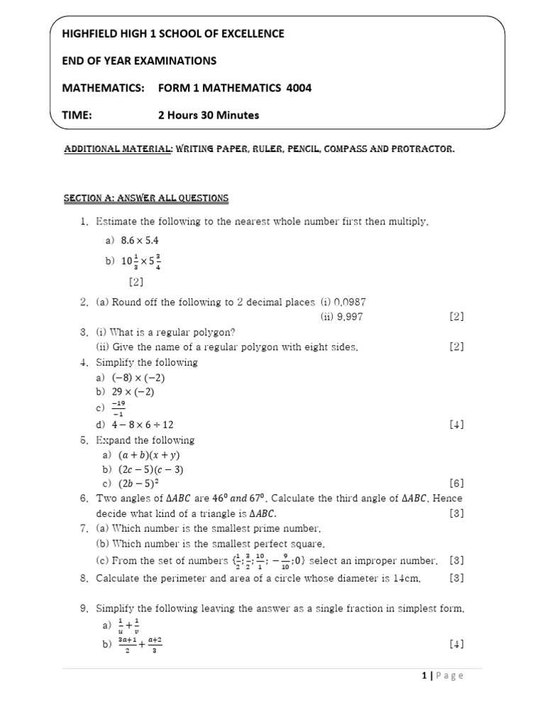 Form 1 Mathematics Exam 2015 | PDF | Area | Elementary Geometry