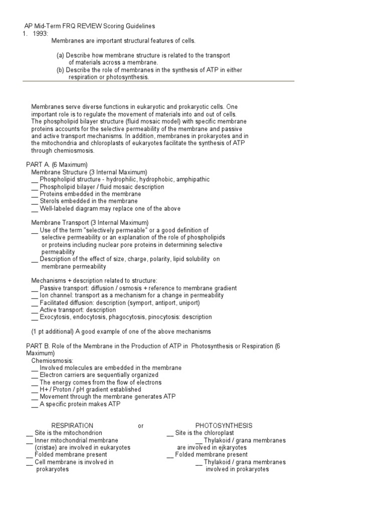 AP Mid Term FRQ Review Scoring | Cell Membrane | Adenosine Triphosphate