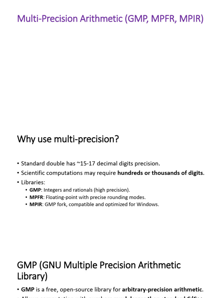 Multi-Precision Arithmetic (GMP, MPFR, MPIR | PDF | Arithmetic ...