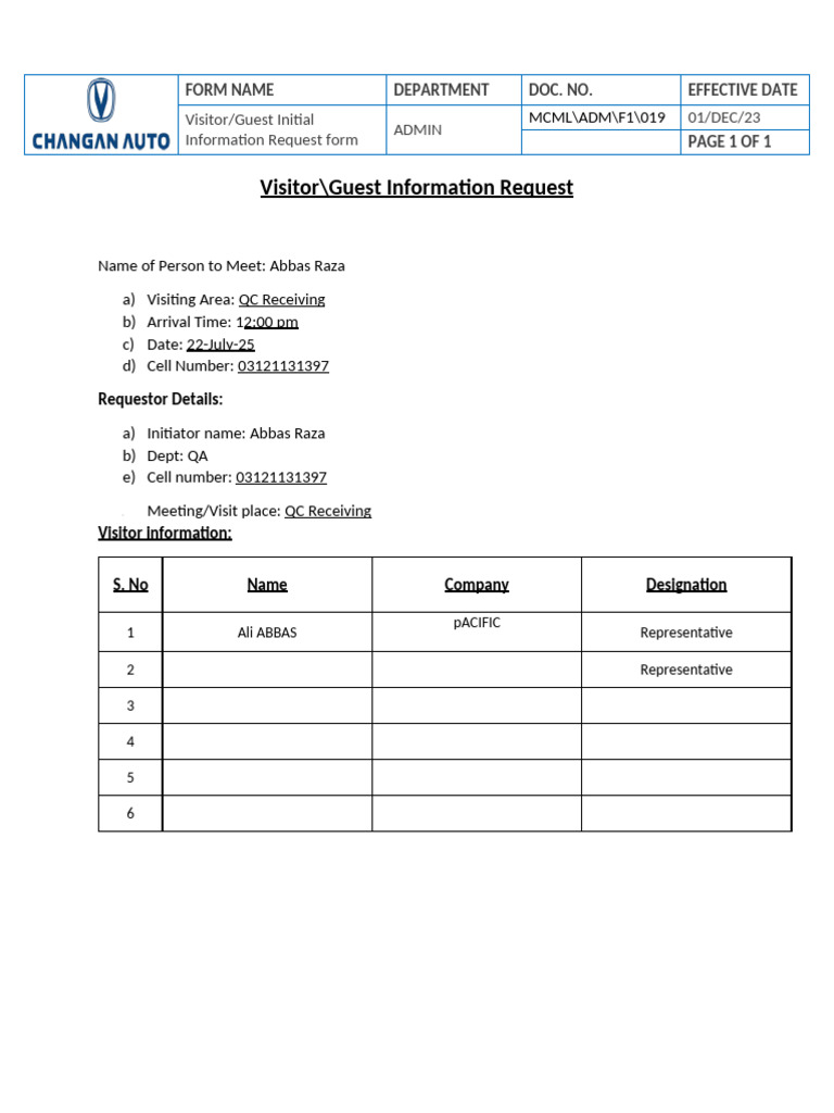 Visitor Initial Information Form (22-July-25) | PDF