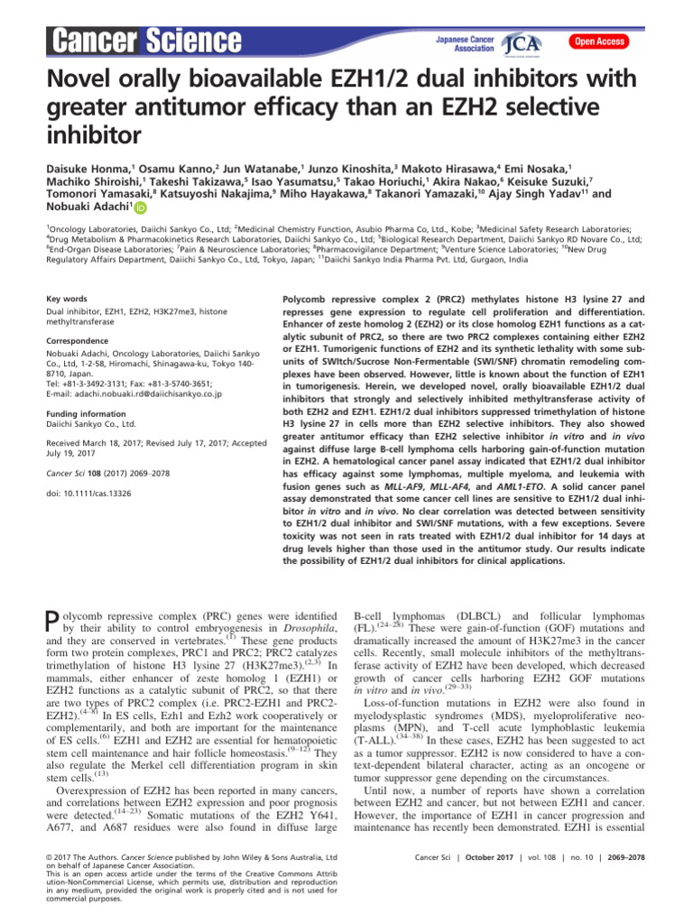 Cancer Science - 2017 - Honma - Novel Orally Bioavailable EZH1 2 Dual ...