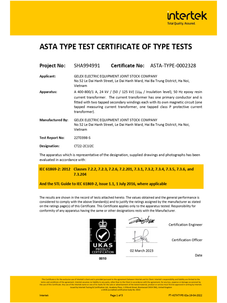 ASTA Type Test Certificate for CT | PDF | Transformer | Electricity