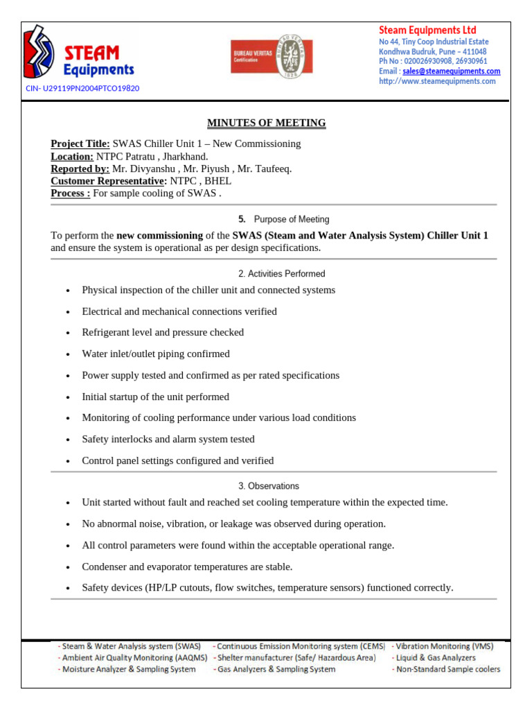 SWAS Chiller Unit 1 Commissioning Report | PDF | Mechanical Engineering ...