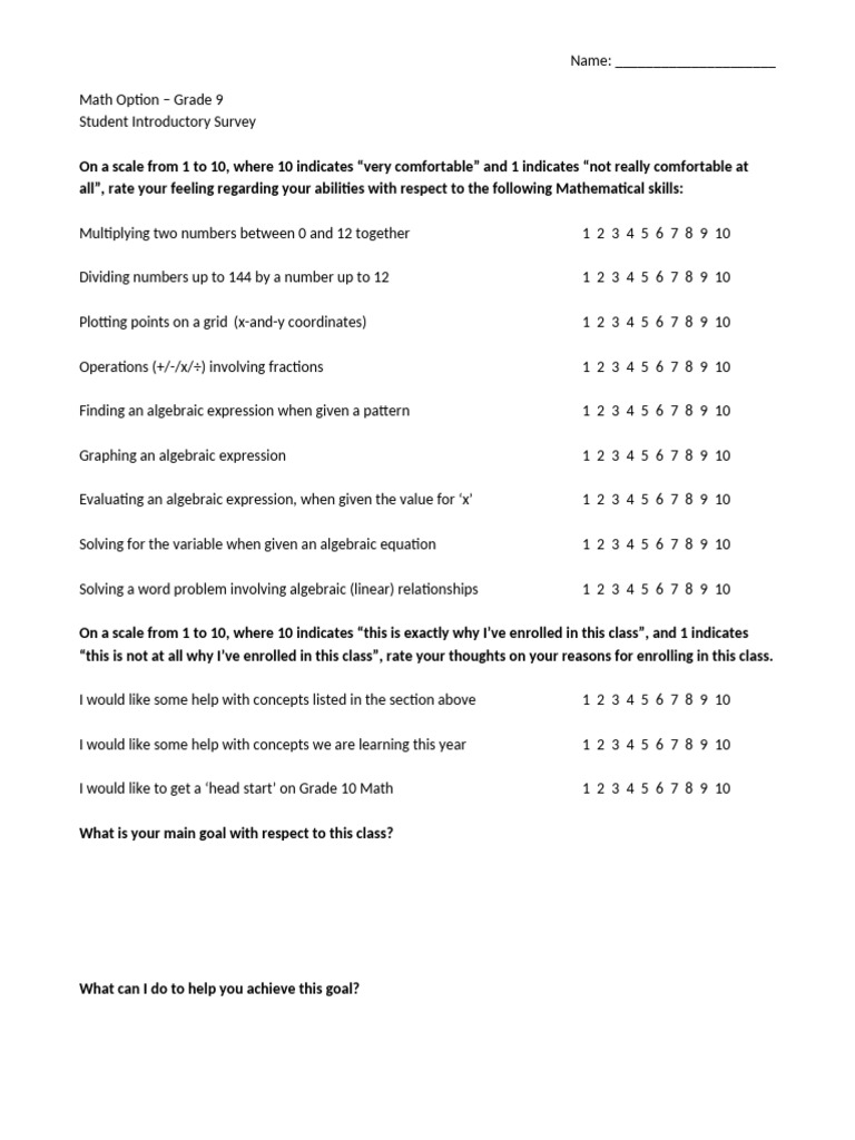Grade 9 Math Student Survey | PDF