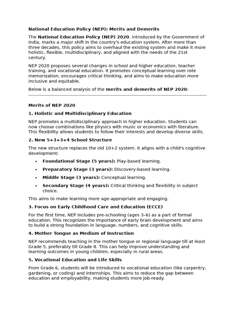 NEP 2020: Pros and Cons Explained | PDF | Vocational Education | Teachers