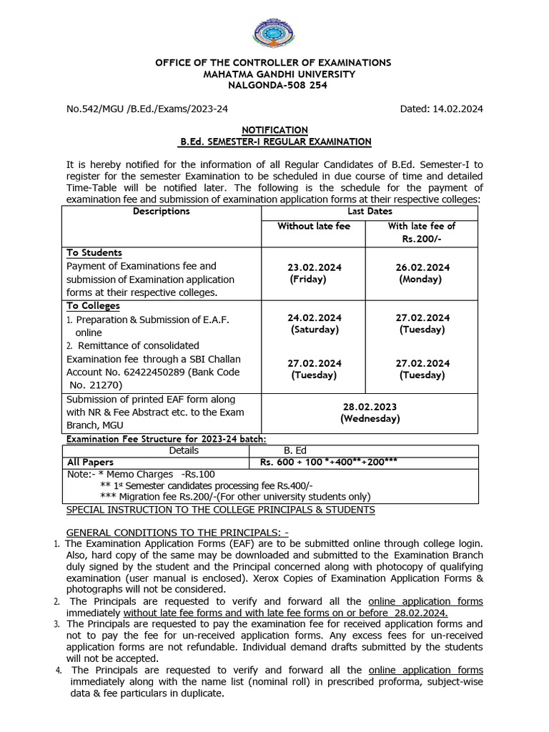 B.ed I Sem Exam Fee Notification-2024 | PDF