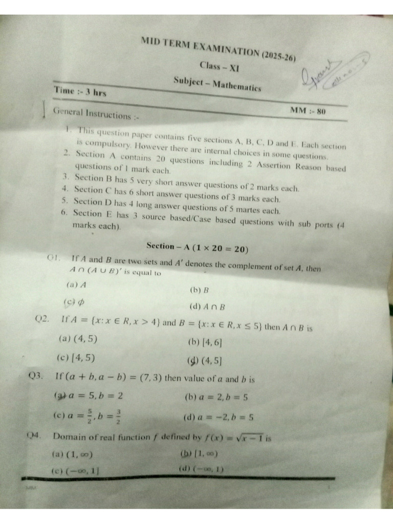 Maths Quetion Paper Mid Term | PDF