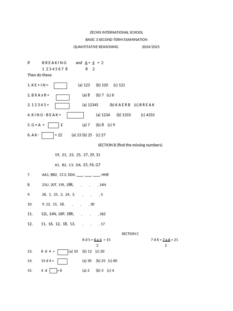 Basic 3 Quantitative Reasoning Exam | PDF | Chess Theory | Chess