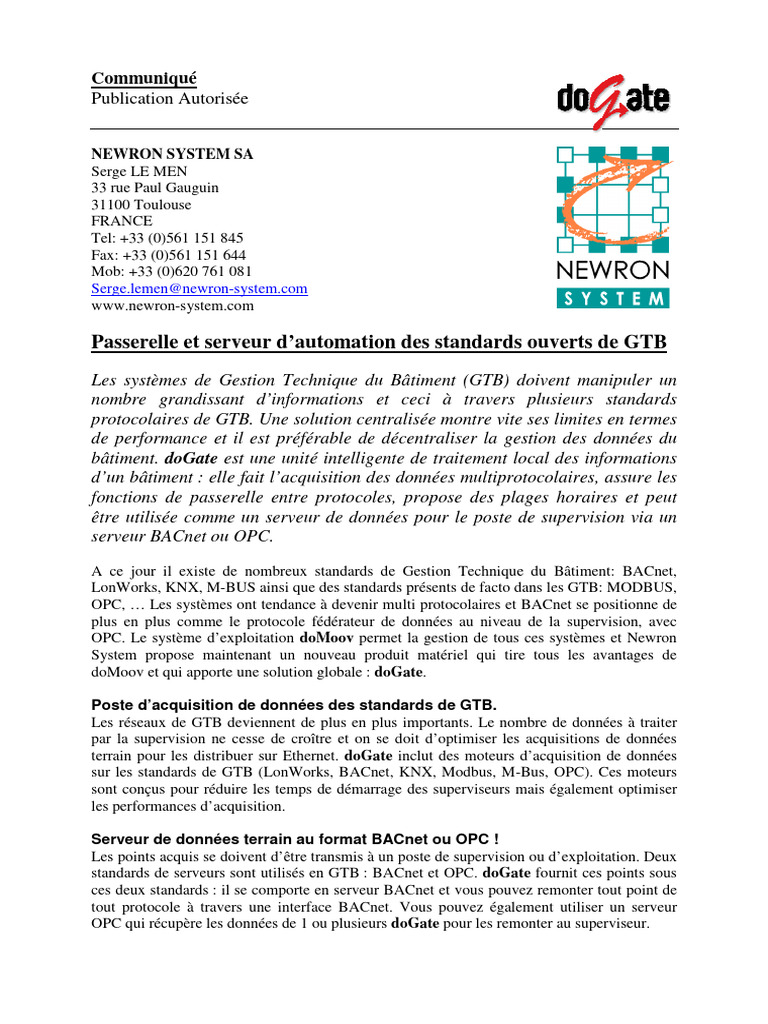 doGate : Passerelle GTB Multi-Protocole | PDF | Serveur (Informatique ...