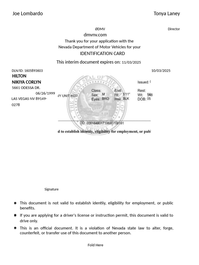 Nevada ID Card Application Confirmation | PDF