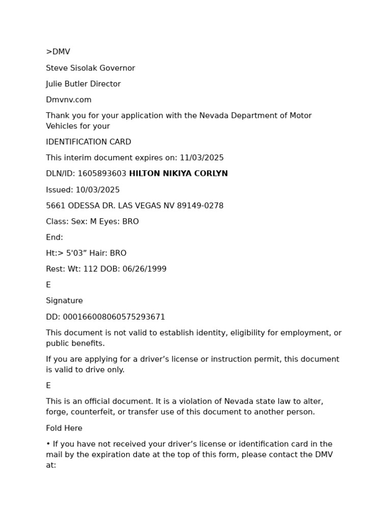 Nevada DMV Identification Card Document | PDF