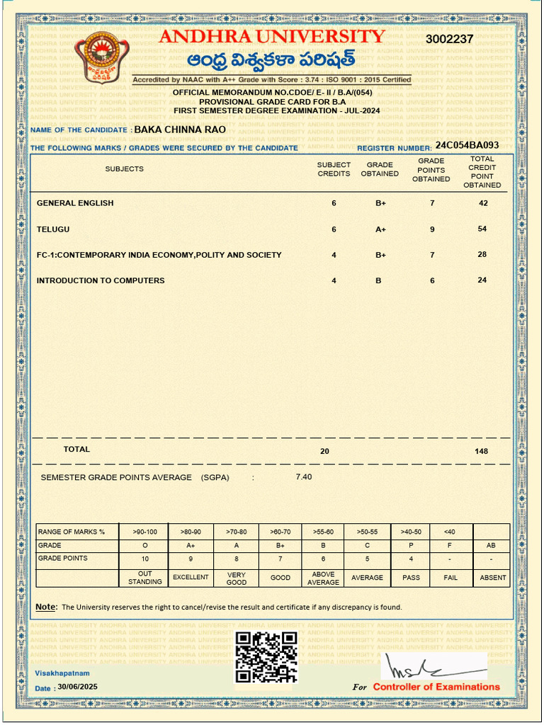 B.A. First Semester Provisional Grade Card | PDF