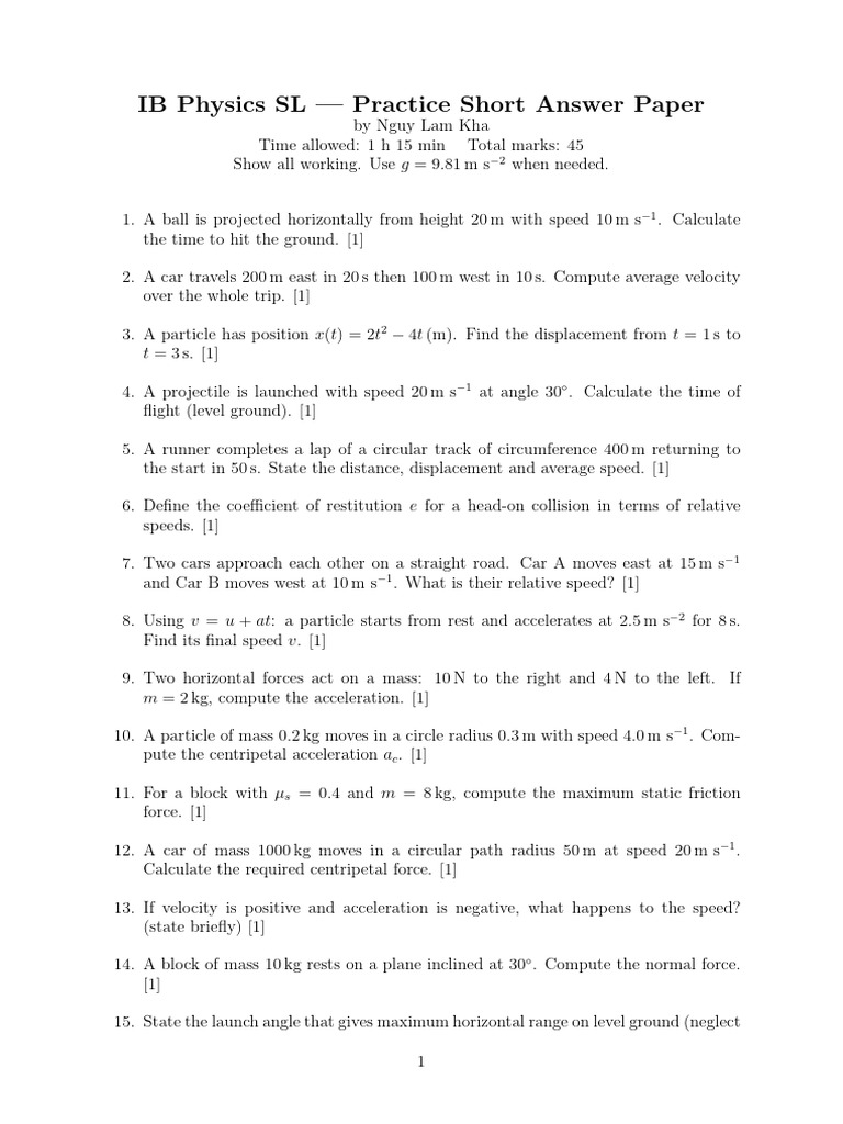 IB Physics SL Practice Questions | PDF | Acceleration | Velocity