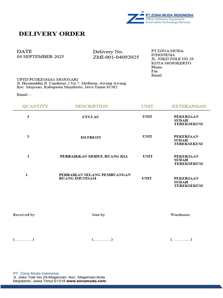 Delivery Order PT Zona Muda Indonesia | PDF