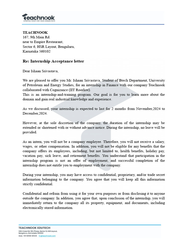 Internship Offer Letter from Teachnook | PDF | Employment | Labor Relations