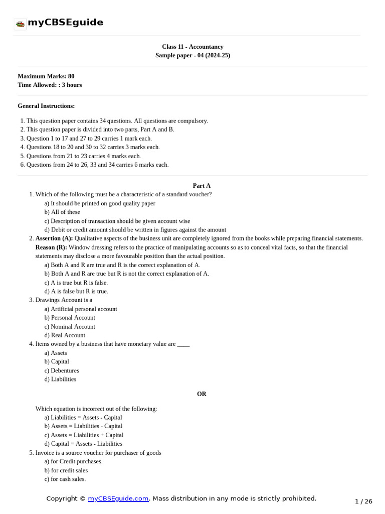 Class 11 Accountancy Sample Paper 2024-25 | PDF | Debits And Credits ...