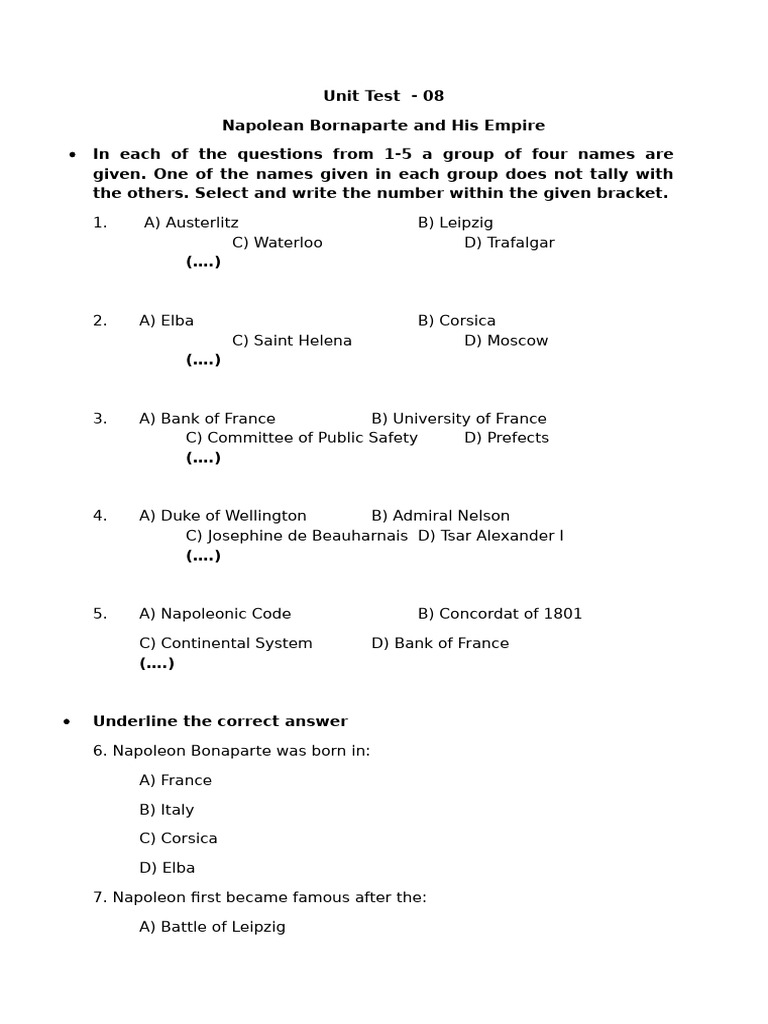 Napoleon Test with Answers | PDF | First French Empire | Napoleon