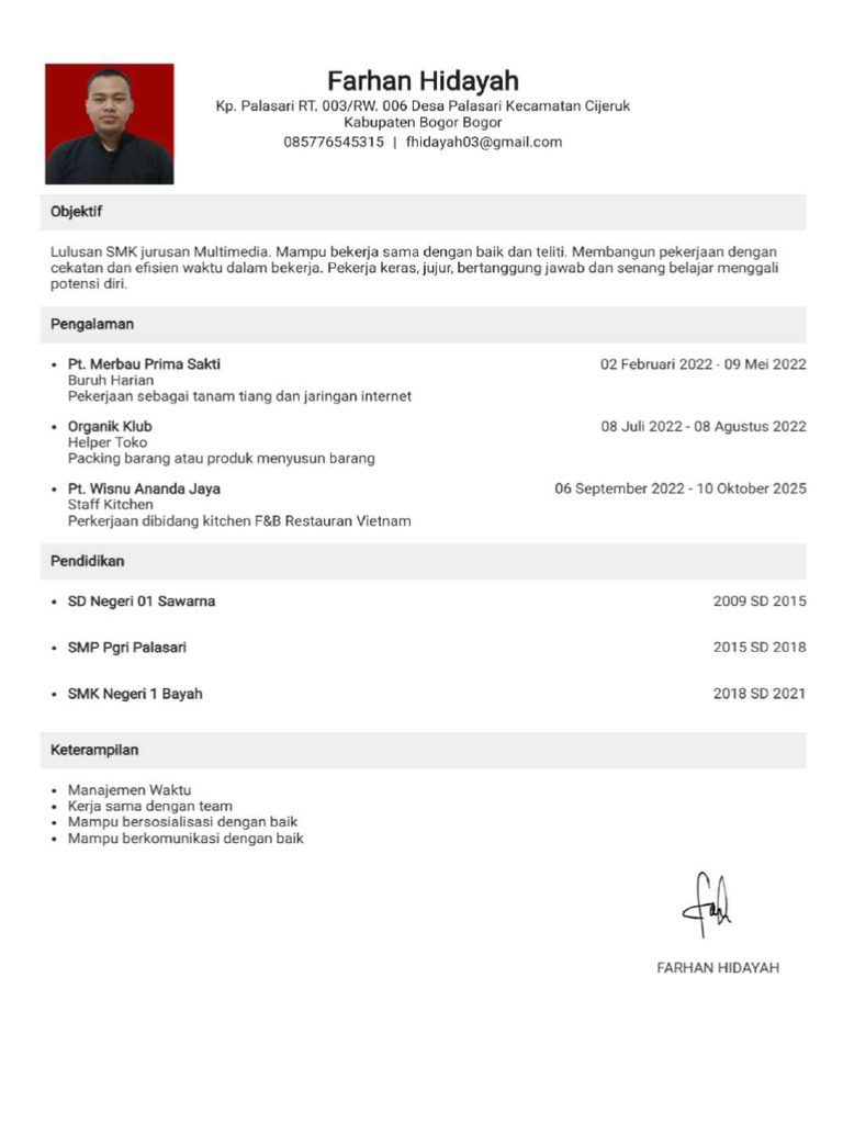 CV Farhan Hidayah | PDF