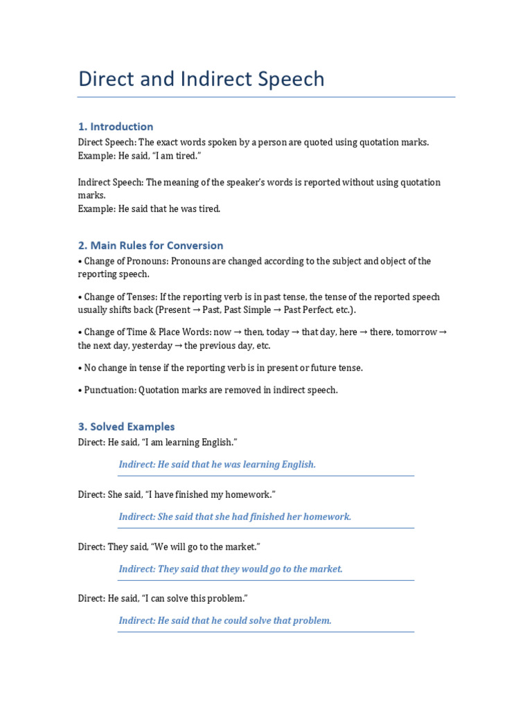 Direct and Indirect Speech Answer Key | PDF | Language Mechanics | Syntax