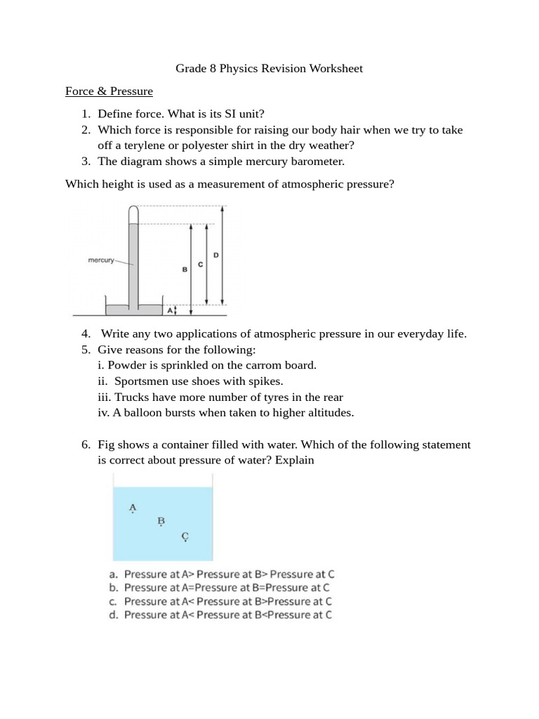 Grade 8 Physics Revision: Force, Pressure, Sun | PDF | Friction | Pressure