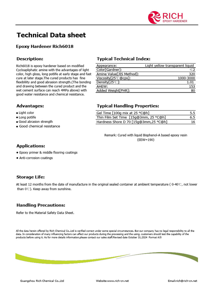Epoxy Hardener Rich6018 Technical Data | PDF | Epoxy | Mechanical ...