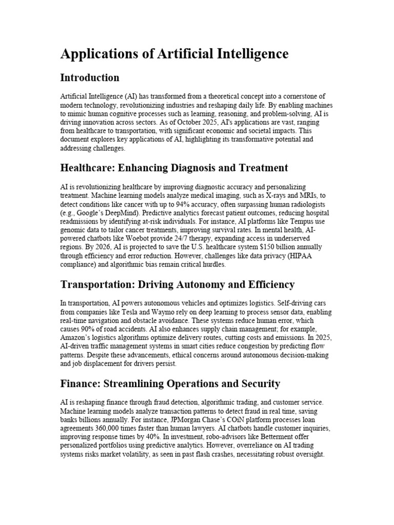 Key Applications of Artificial Intelligence | PDF | Artificial ...