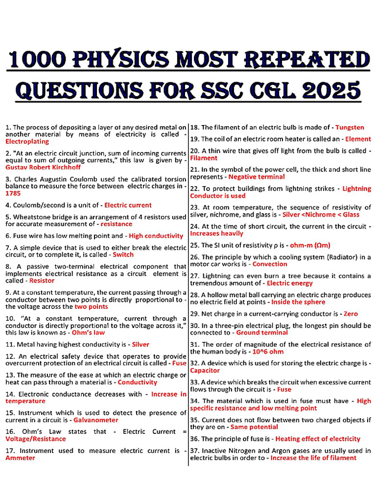 1000 Physics Most Repeated Questions For CGL | PDF