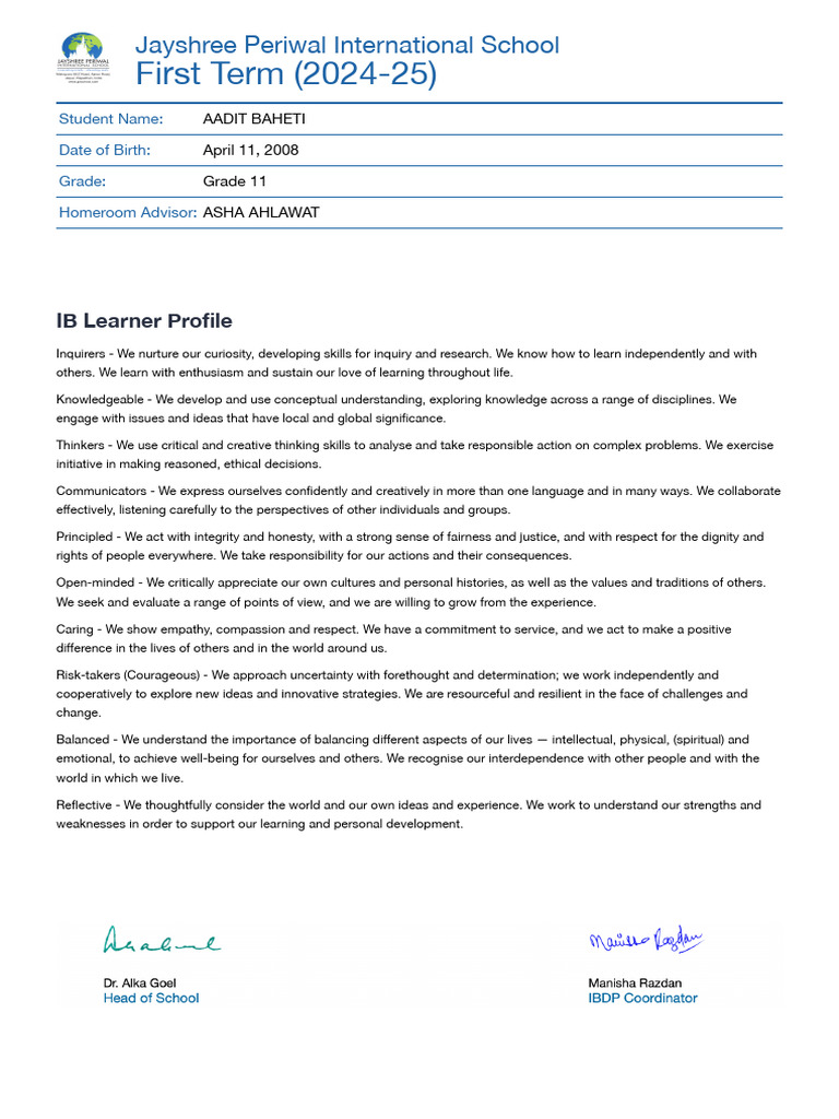 Grade 11 First Term Report Card 2024-25 | PDF | Knowledge | Thought