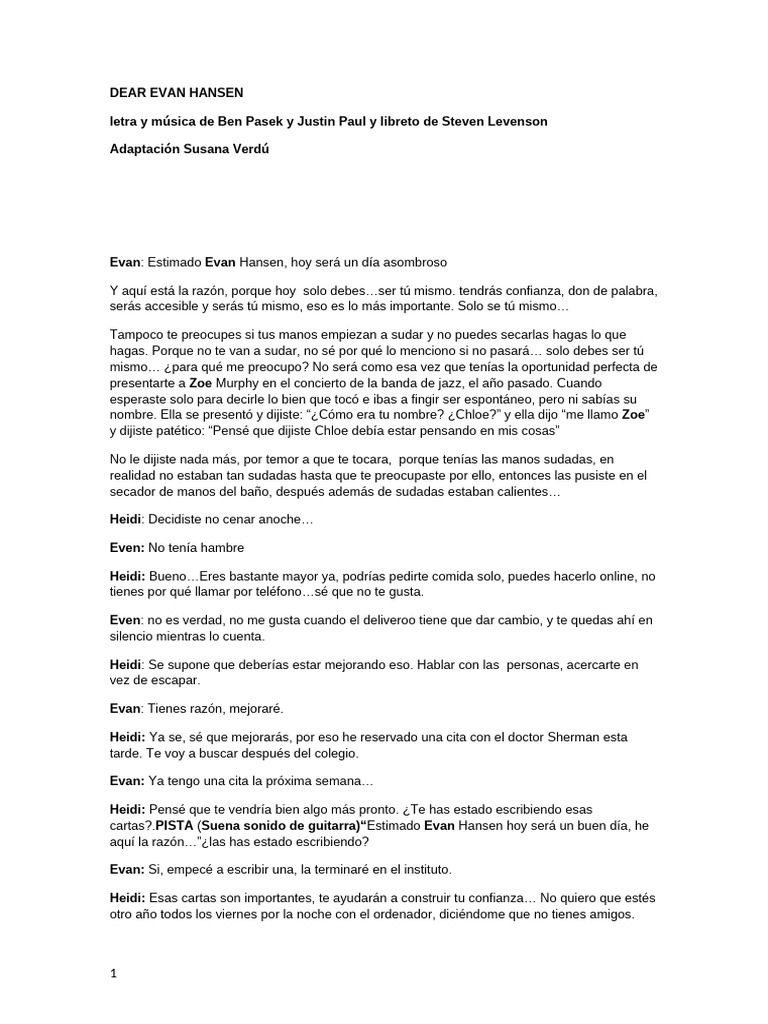 Letras y diálogos de Dear Evan Hansen | PDF