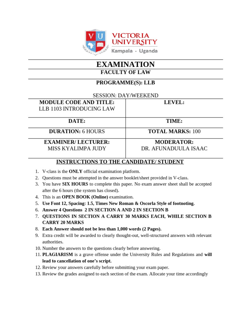LLB 1103 Law Examination Guidelines | PDF | Precedent | Political Law