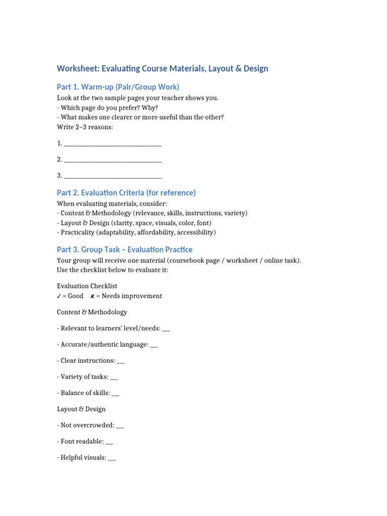 Course Material Evaluation Worksheet | PDF