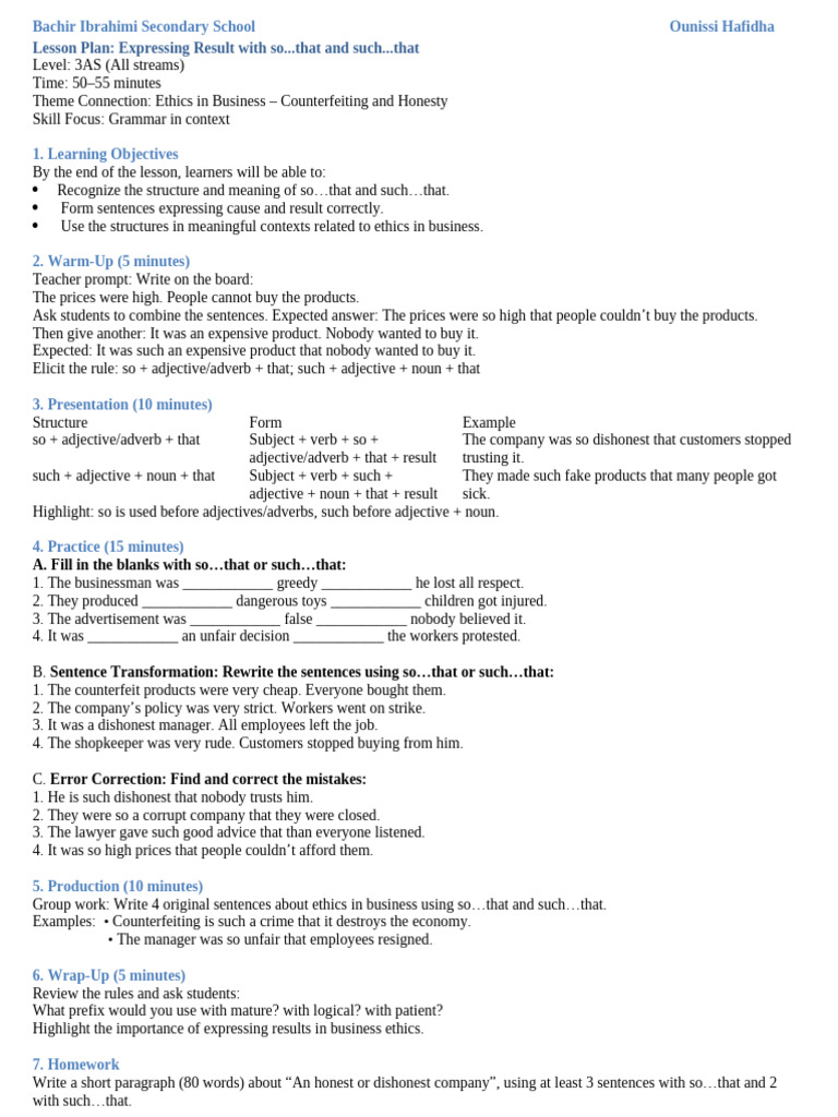 So Such That Lesson Plan | PDF | Subject (Grammar) | Verb