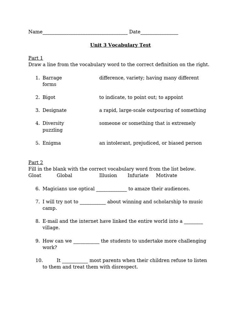 Unit 3 Vocabulary Test | PDF | Chess Theory | Chess