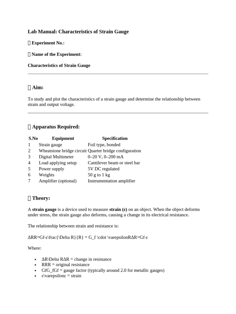 Strain Gauge Characteristics Lab Manual | PDF | Deformation ...