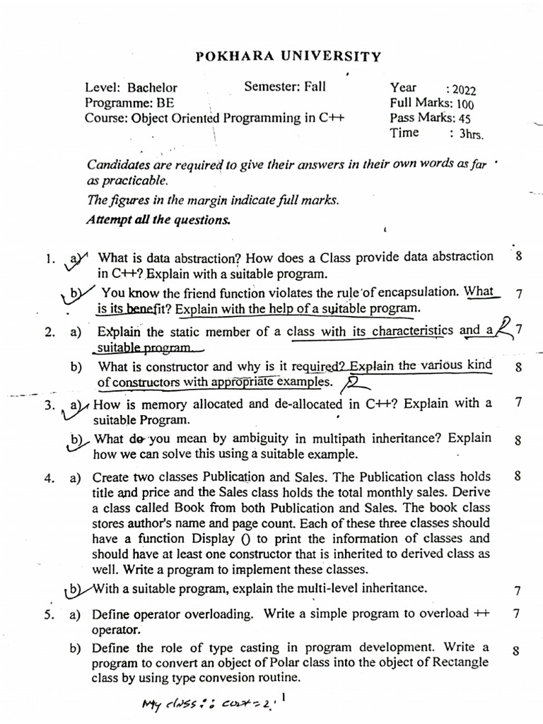 PU Past Questions OOP C++ | PDF