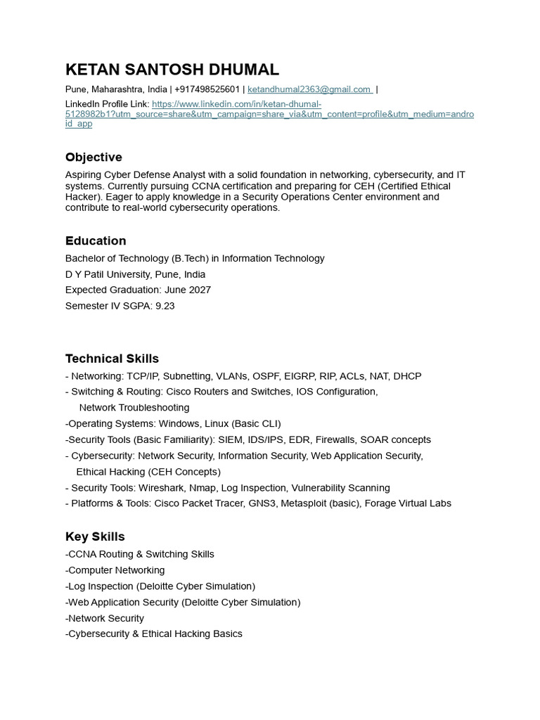 Aspiring Cyber Defense Analyst Resume | PDF | Security | Computer Security