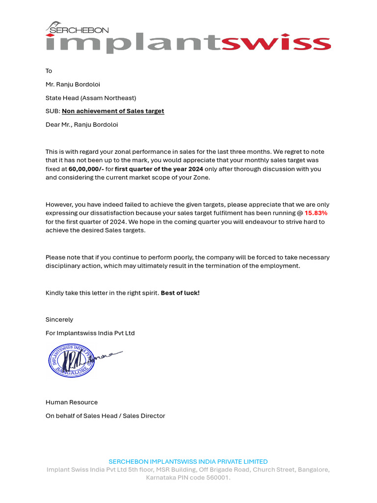 Sales Performance Warning Letter MR Ranju Bordoloi Q12024 | PDF
