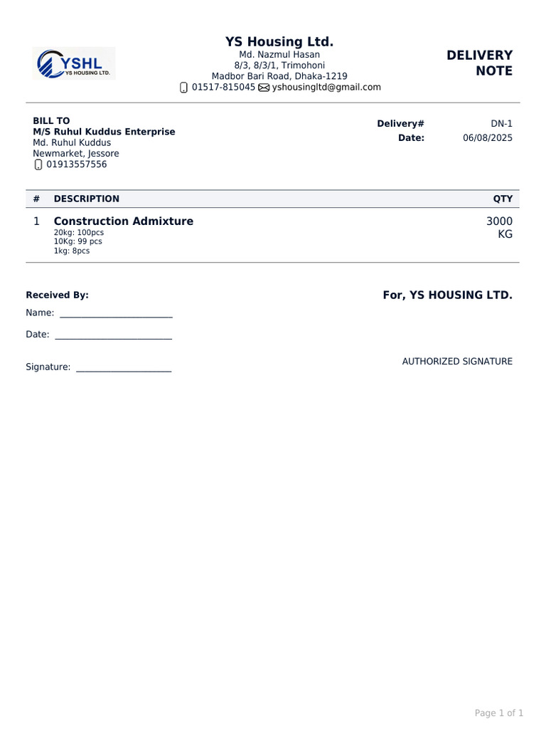 Delivery Note for Construction Admixture | PDF
