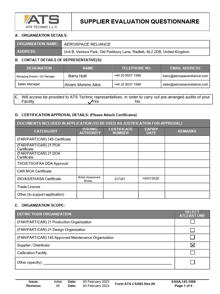 Supplier Evaluation Questionnaire Form | PDF | Audit | Calibration